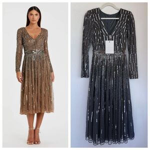 NWT RARE Mac Duggal Sequin Long Sleeve Tea Length V-Neck Dress in Charcoal Gray